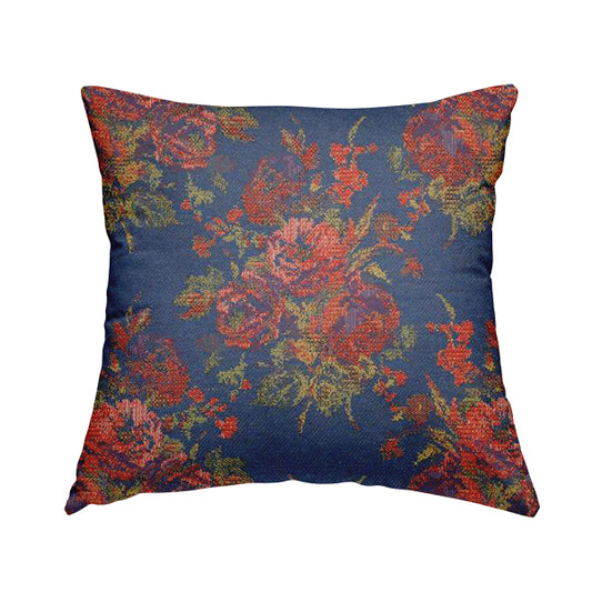 Kuala Collection Of Floral Pattern Heavyweight Chenille Blue Colour Upholstery Fabric CTR-356 - Handmade Cushions