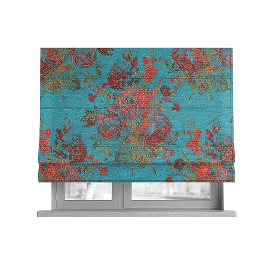Kuala Collection Of Floral Pattern Heavyweight Chenille Teal Blue Colour Upholstery Fabric CTR-360 - Roman Blinds