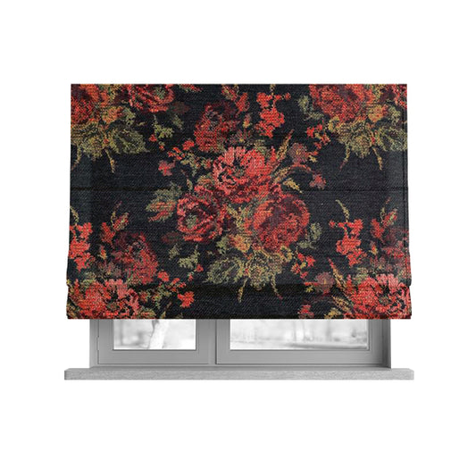 Kuala Collection Of Floral Pattern Heavyweight Chenille Black Colour Upholstery Fabric CTR-362 - Roman Blinds
