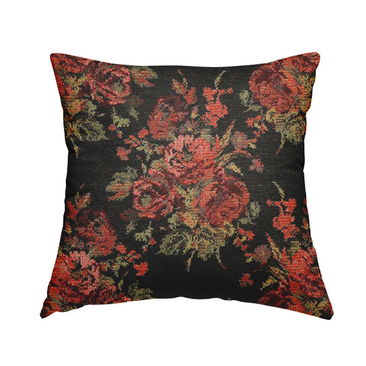 Kuala Collection Of Floral Pattern Heavyweight Chenille Black Colour Upholstery Fabric CTR-362 - Handmade Cushions
