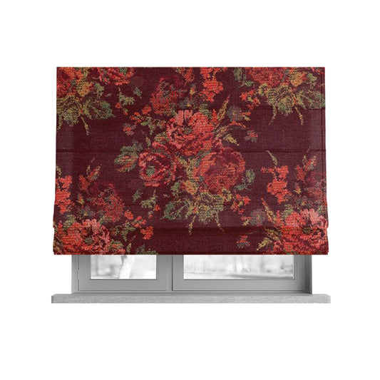 Kuala Collection Of Floral Pattern Heavyweight Chenille Burgundy Red Colour Upholstery Fabric CTR-363 - Roman Blinds