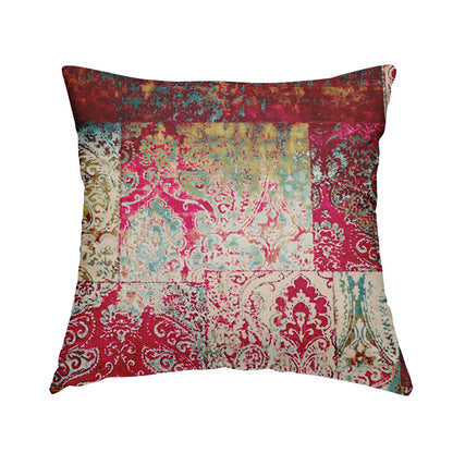 Amalfi Patchwork Pattern Printed Velvet Pink Burgundy Red Colour Upholstery Fabric - Handmade Cushions