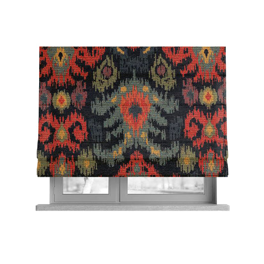Lombok Collection Of Damask Ikat Pattern Heavyweight Chenille Black Colour Upholstery Fabric CTR-364 - Roman Blinds