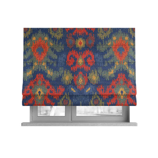 Lombok Collection Of Damask Ikat Pattern Heavyweight Chenille Blue Colour Upholstery Fabric CTR-365 - Roman Blinds