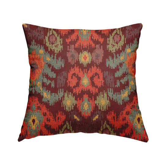 Lombok Collection Of Damask Ikat Pattern Heavyweight Chenille Burgundy Red Colour Upholstery Fabric CTR-367 - Handmade Cushions