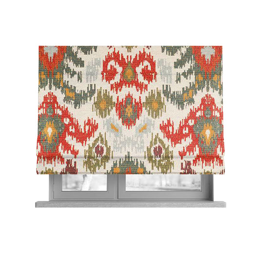 Lombok Collection Of Damask Ikat Pattern Heavyweight Chenille Burgundy White Colour Upholstery Fabric CTR-368 - Roman Blinds