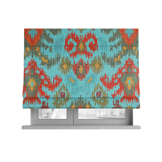 Lombok Collection Of Damask Ikat Pattern Heavyweight Chenille Burgundy Teal Colour Upholstery Fabric CTR-369 - Roman Blinds