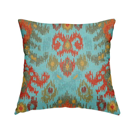 Lombok Collection Of Damask Ikat Pattern Heavyweight Chenille Burgundy Teal Colour Upholstery Fabric CTR-369 - Handmade Cushions
