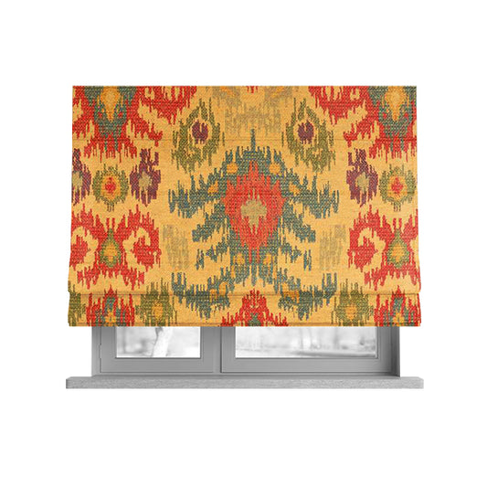 Lombok Collection Of Damask Ikat Pattern Heavyweight Chenille Burgundy Yellow Colour Upholstery Fabric CTR-370 - Roman Blinds