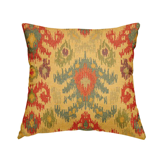 Lombok Collection Of Damask Ikat Pattern Heavyweight Chenille Burgundy Yellow Colour Upholstery Fabric CTR-370 - Handmade Cushions