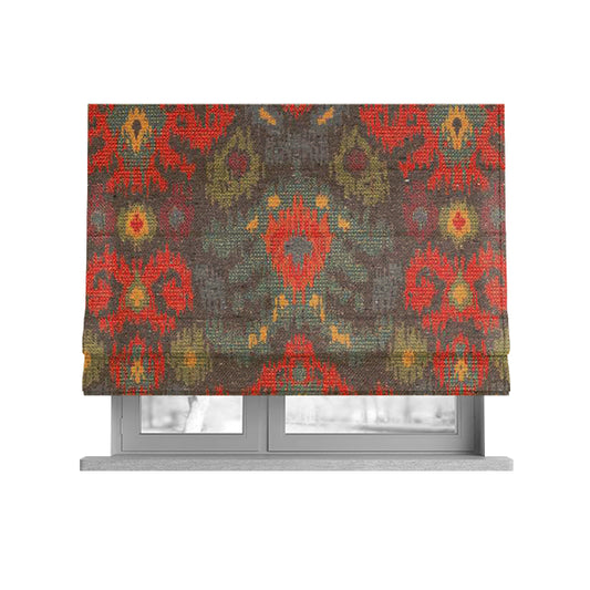 Lombok Collection Of Damask Ikat Pattern Heavyweight Chenille Burgundy Grey Colour Upholstery Fabric CTR-371 - Roman Blinds
