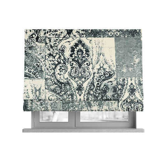Amalfi Patchwork Pattern Printed Velvet Grey Black White Colour Upholstery Fabric - Roman Blinds
