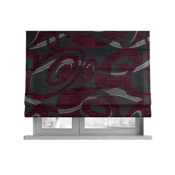 Japura Collection Of Shiny Swirl Pattern Weaves In Burgundy Silver Chenille Colour Upholstery Fabric CTR-374 - Roman Blinds
