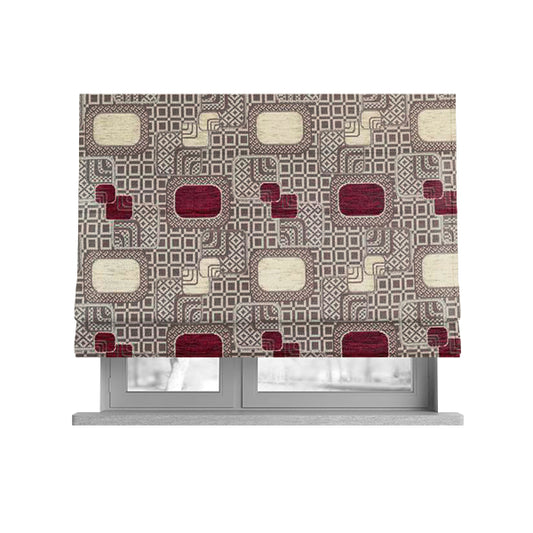 Carousel Geometric Pattern Collection Burgundy Red Beige Colour Woven Chenille Upholstery Fabric CTR-382 - Roman Blinds