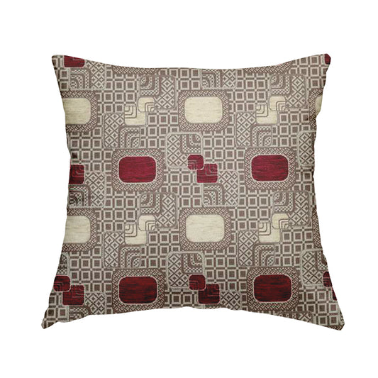 Carousel Geometric Pattern Collection Burgundy Red Beige Colour Woven Chenille Upholstery Fabric CTR-382 - Handmade Cushions