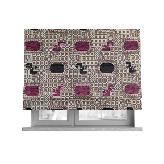 Carousel Geometric Pattern Collection Purple Black Colour Woven Chenille Upholstery Fabric CTR-383 - Roman Blinds