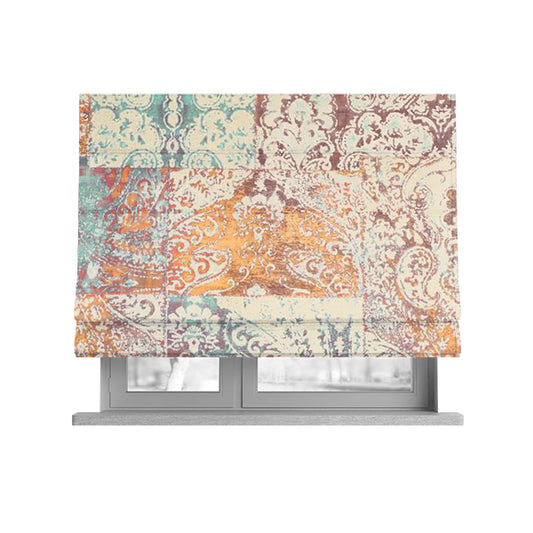 Amalfi Patchwork Pattern Printed Velvet Multi Coloured Pastel Colours Upholstery Fabric - Roman Blinds