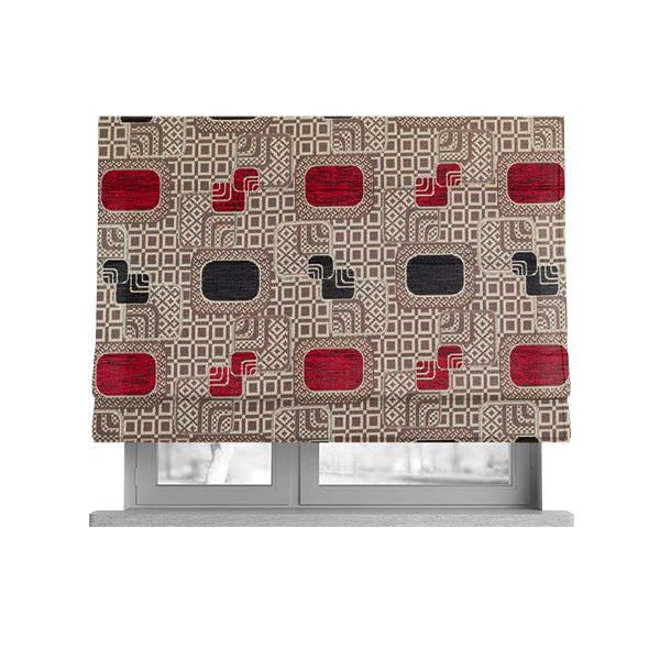 Carousel Geometric Pattern Collection Black Red Colour Woven Chenille Upholstery Fabric CTR-385 - Roman Blinds
