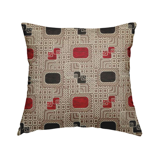 Carousel Geometric Pattern Collection Black Red Colour Woven Chenille Upholstery Fabric CTR-385 - Handmade Cushions
