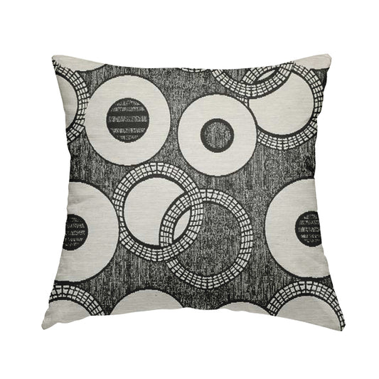 Solitaire Collection Soft Chenille Circular Pattern Black Grey Colour Upholstery Fabric CTR-386 - Handmade Cushions