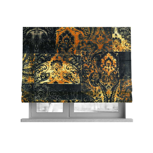 Amalfi Patchwork Pattern Printed Velvet Black Golden Yellow Colours Upholstery Fabric - Roman Blinds