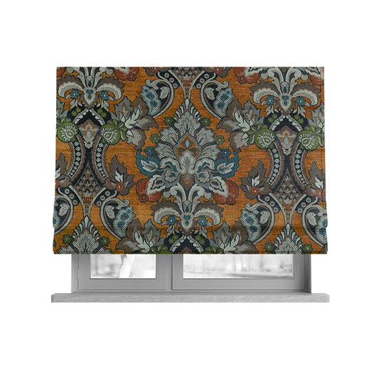 Komkotar Fabrics Rich Detail Floral Damask Upholstery Fabric In Orange Colour CTR-402 - Roman Blinds