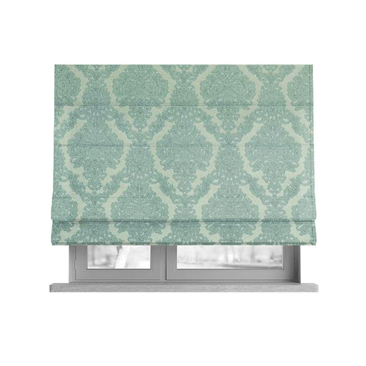 Elstow Damask Pattern Collection In Textured Embroidery Effect Chenille Upholstery Fabric In Aqua Green Colour CTR-414 - Roman Blinds