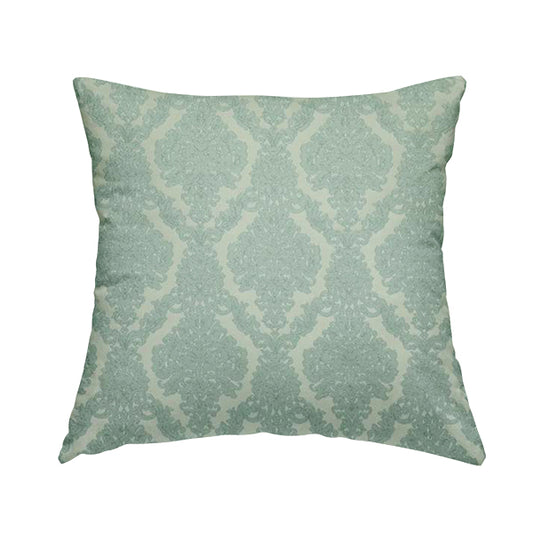 Elstow Damask Pattern Collection In Textured Embroidery Effect Chenille Upholstery Fabric In Aqua Green Colour CTR-414 - Handmade Cushions