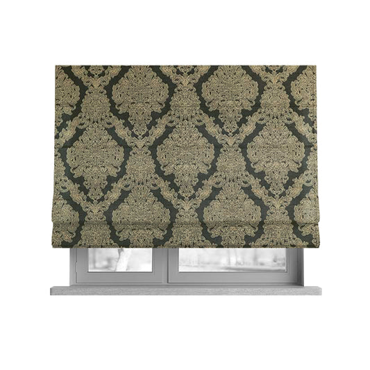 Elstow Damask Pattern Collection In Textured Embroidery Effect Chenille Upholstery Fabric In Green Colour CTR-415 - Roman Blinds