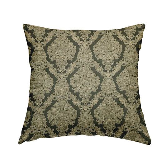 Elstow Damask Pattern Collection In Textured Embroidery Effect Chenille Upholstery Fabric In Green Colour CTR-415 - Handmade Cushions