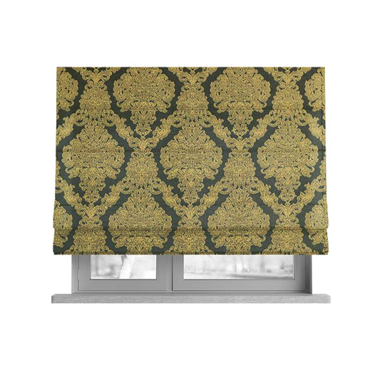 Elstow Damask Pattern Collection In Textured Embroidery Effect Chenille Upholstery Fabric In Green Yellow Colour CTR-416 - Roman Blinds