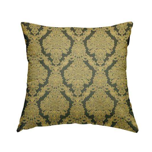 Elstow Damask Pattern Collection In Textured Embroidery Effect Chenille Upholstery Fabric In Green Yellow Colour CTR-416 - Handmade Cushions