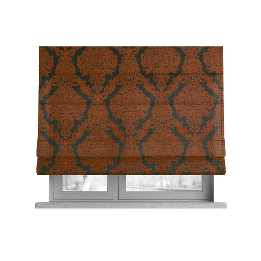 Elstow Damask Pattern Collection In Textured Embroidery Effect Chenille Upholstery Fabric In Green Orange Colour CTR-417 - Roman Blinds