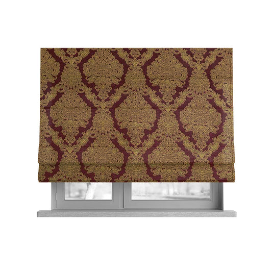 Elstow Damask Pattern Collection In Textured Embroidery Effect Chenille Upholstery Fabric In Red Yellow Colour CTR-418 - Roman Blinds
