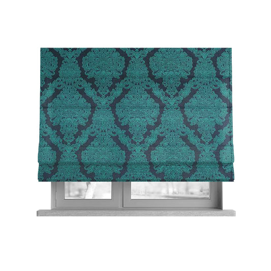 Elstow Damask Pattern Collection In Textured Embroidery Effect Chenille Upholstery Fabric In Teal Blue Colour CTR-419 - Roman Blinds