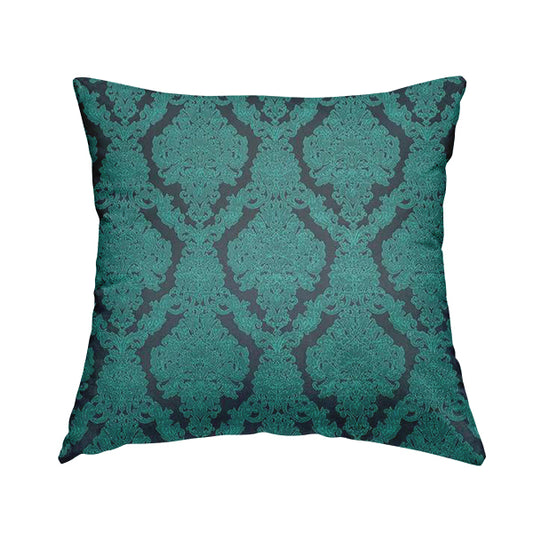 Elstow Damask Pattern Collection In Textured Embroidery Effect Chenille Upholstery Fabric In Teal Blue Colour CTR-419 - Handmade Cushions