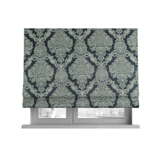 Elstow Damask Pattern Collection In Textured Embroidery Effect Chenille Upholstery Fabric In Grey Colour CTR-420 - Roman Blinds