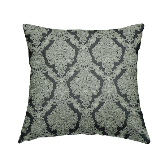 Elstow Damask Pattern Collection In Textured Embroidery Effect Chenille Upholstery Fabric In Grey Colour CTR-420 - Handmade Cushions
