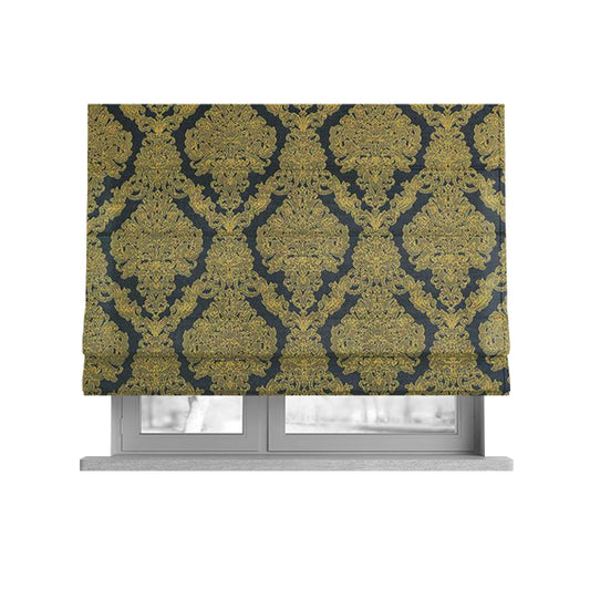 Elstow Damask Pattern Collection In Textured Embroidery Effect Chenille Upholstery Fabric In Yellow Blue Colour CTR-423 - Roman Blinds