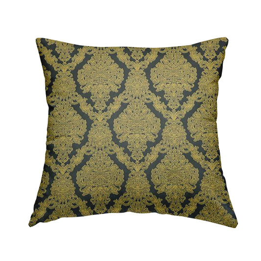 Elstow Damask Pattern Collection In Textured Embroidery Effect Chenille Upholstery Fabric In Yellow Blue Colour CTR-423 - Handmade Cushions