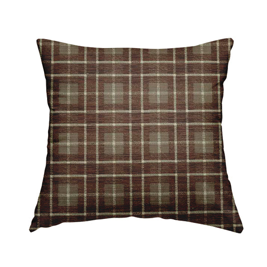 Ketu Collection Of Woven Chenille Checked Tartan Brown Colour Furnishing Fabrics CTR-425 - Handmade Cushions