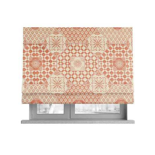 Zenith Collection In Smooth Chenille Finish Orange Colour Patchwork Pattern Upholstery Fabric CTR-435 - Roman Blinds