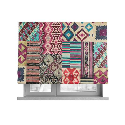 Freedom Printed Velvet Fabric Multi Colour Kilim Inspired Patchwork Pattern CTR-445 - Roman Blinds