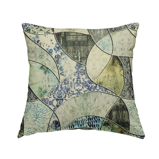 Freedom Printed Velvet Fabric Blue Aqua Curve Mosaic Geometric Pattern Upholstery Fabric CTR-465 - Handmade Cushions