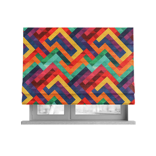 Freedom Printed Velvet Fabric Colourful Geometric Chevron Lock Pattern Upholstery Fabrics CTR-472 - Roman Blinds