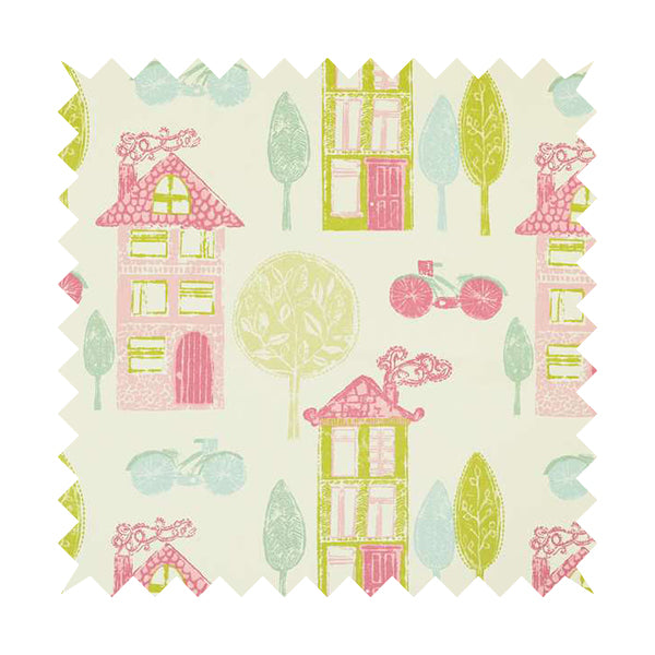 Pink Colour House Pattern Print White Cotton Fabric Curtains Upholstery Fabric FF270515-01