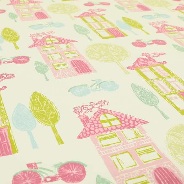 Pink Colour House Pattern Print White Cotton Fabric Curtains Upholstery Fabric FF270515-01