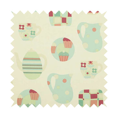 Duck Egg Teal Green Colour Tea Pots Dotts Buns Pattern Print White Cotton Curtains Upholstery Fabric FF270515-05