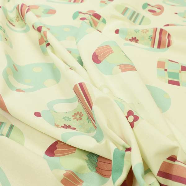 Duck Egg Teal Green Colour Tea Pots Dotts Buns Pattern Print White Cotton Curtains Upholstery Fabric FF270515-05