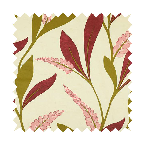 Belvedere Plant Printed Pattern Pink Plum Green Colour Cotton Satin Fabric Curtains Upholstery Fabric FF270515-09